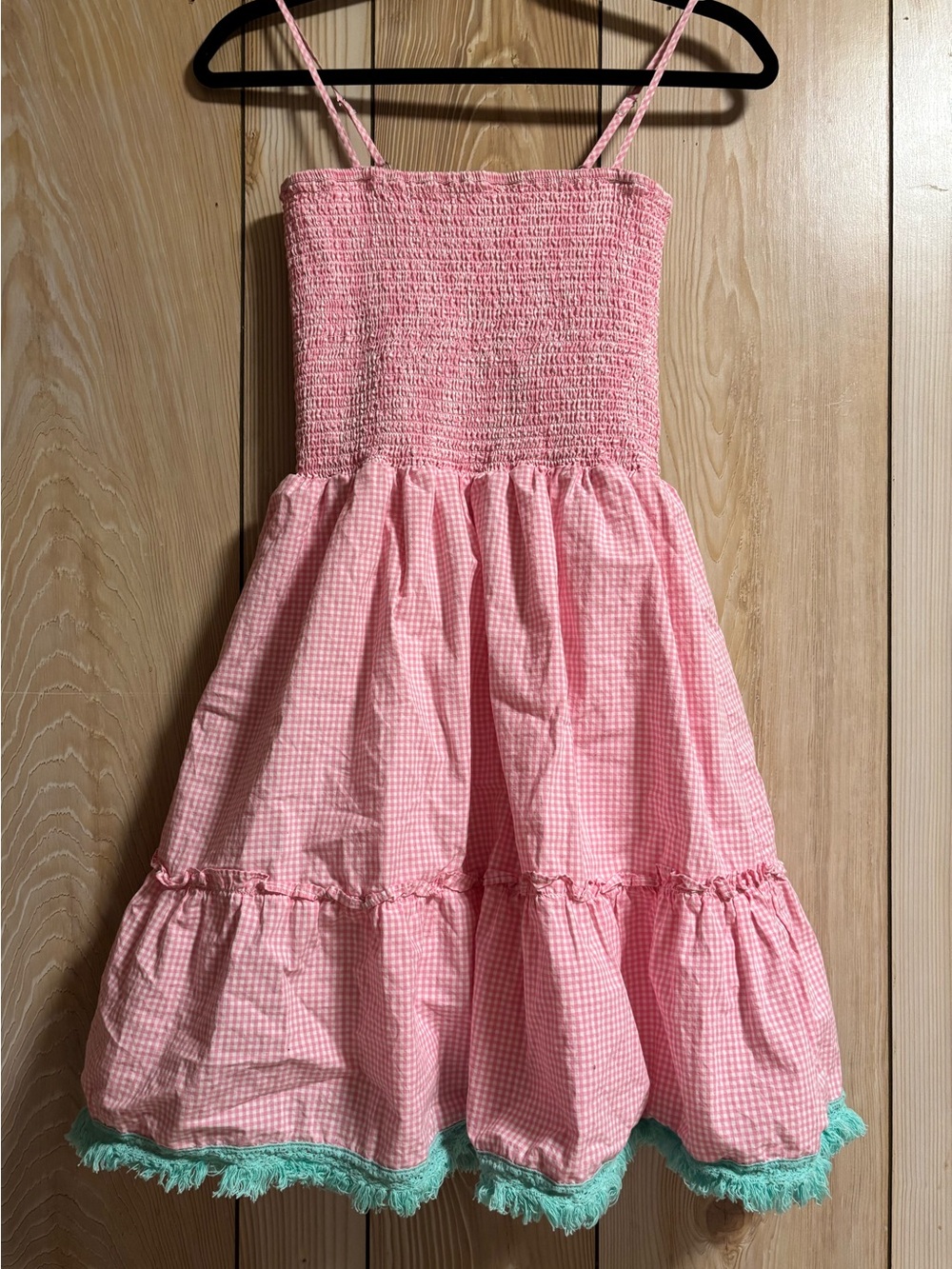 100% Cotton Pink Gingham Tiered Dress with Mint Fringe